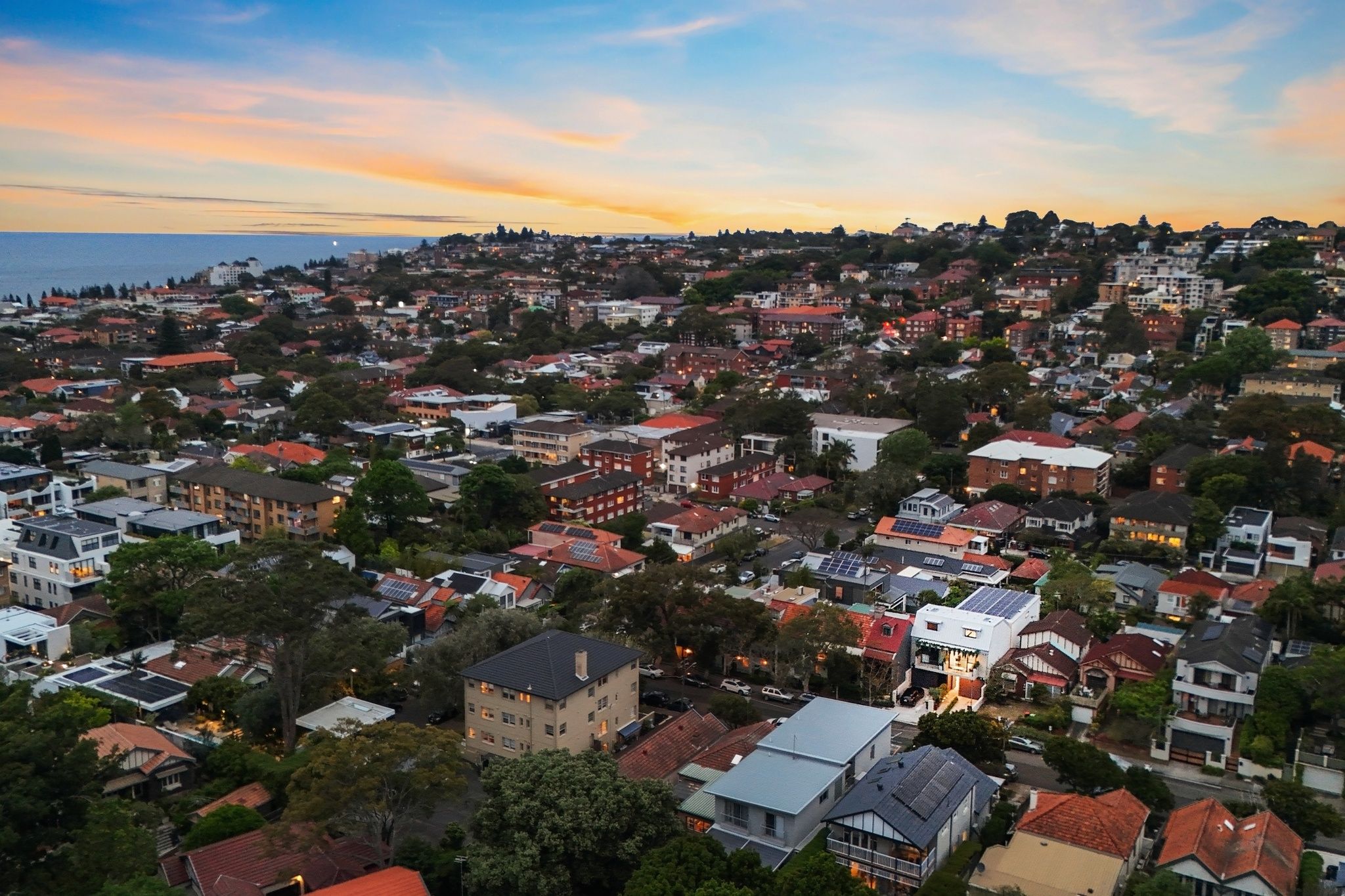 Sunset over the Eastern Beaches, looking across Randwick and Coogee to the Pacific Ocean