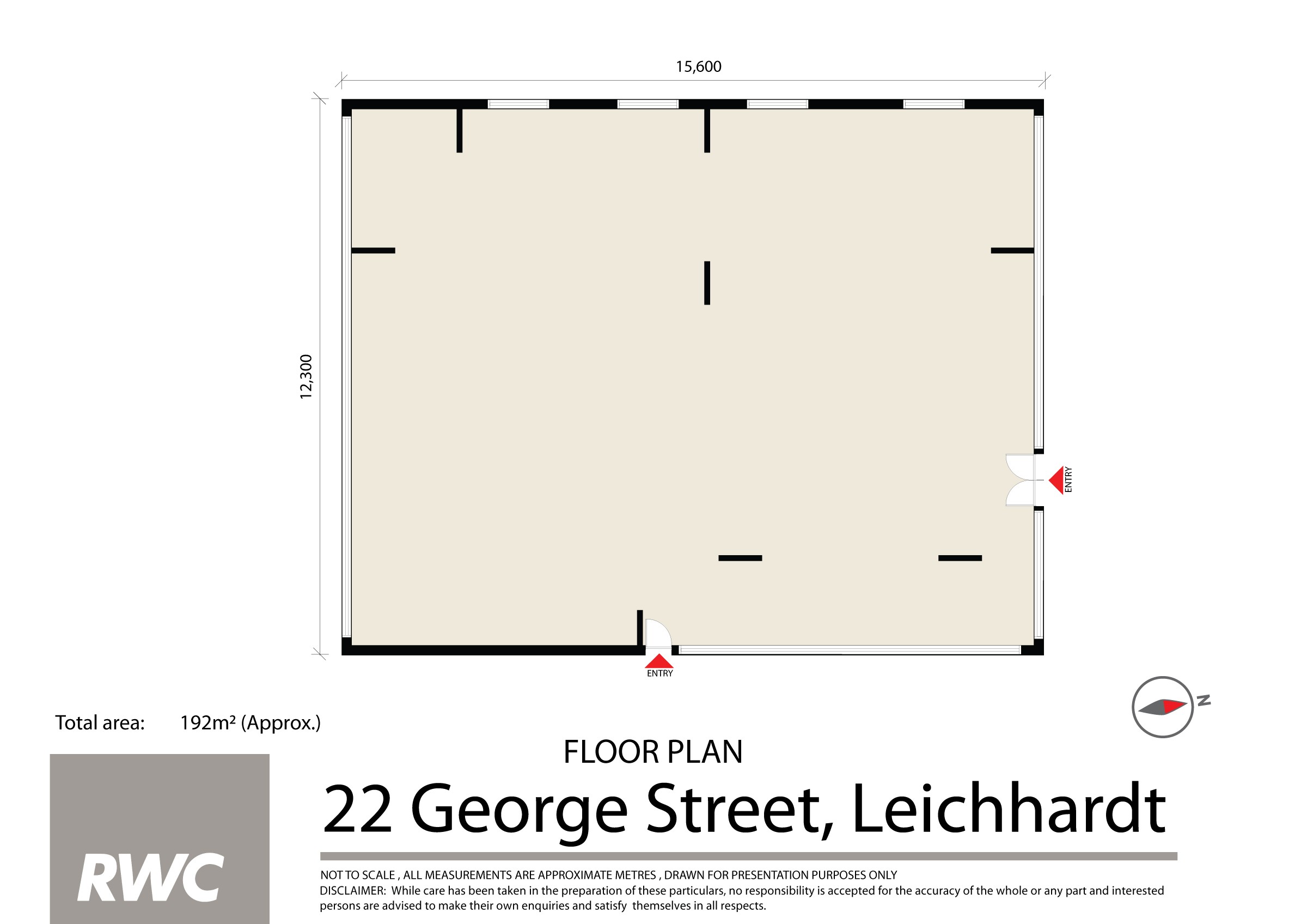 Shop 5/22 George Street,商业平面图 历史商业挂牌原图:双入口、柱位及开敞空间;图纸估算总192㎡,广告室内186㎡,面积口径需据产权及测量图核对。